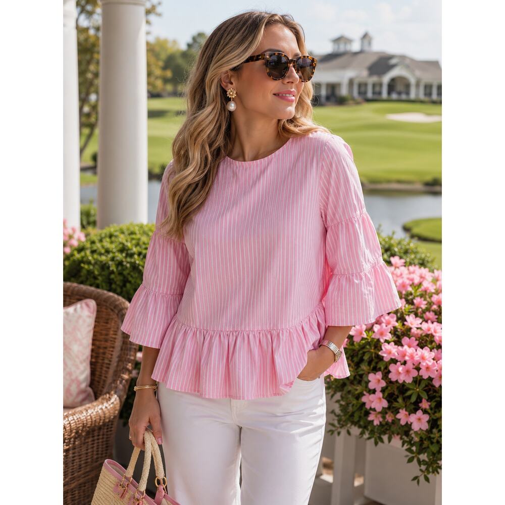 Tyler Boe Pink & White Striped Ruffled Peplum Bell Sleeve Blouse